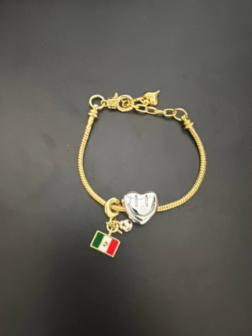 Gold-Tone Women's Bracelet with Silver Heart Charm and Mexican Flag Pendant